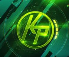 the letter k is surrounded by neon green and black circles on a dark background with geometric shapes