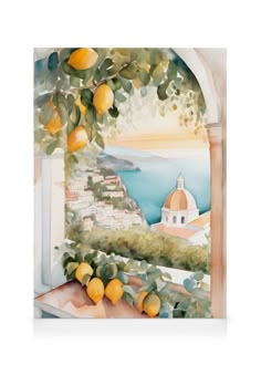 a painting of lemons hanging from a tree in front of a window with a view of the ocean