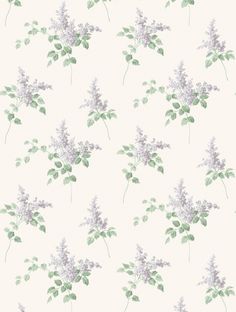 a white wallpaper with purple flowers and green leaves