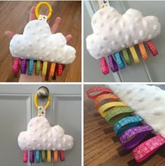 four different pictures of colorful hair clips hanging from a door handle and on top of a white cloud