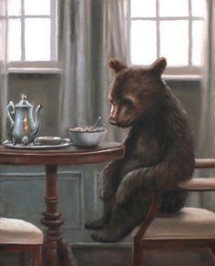 a painting of a bear sitting at a table eating