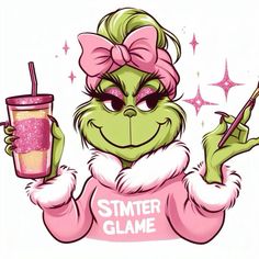 the grin face is holding a drink and pointing to it's left side with her hand