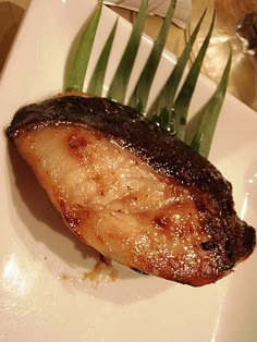 a piece of meat sitting on top of a white plate next to some green onions