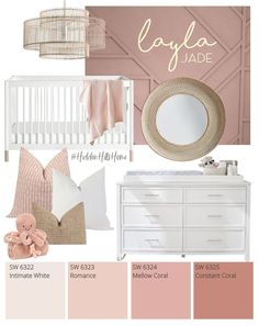 a baby's room with pink and white accents