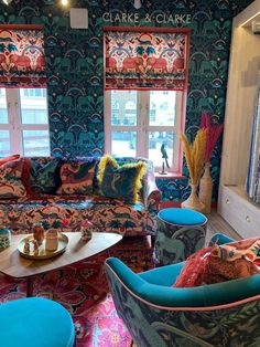 a living room filled with lots of colorful furniture