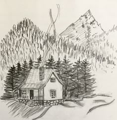 a pencil drawing of a house in the woods with mountains behind it and trees on either side