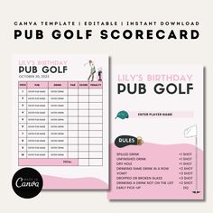 a pink and white flyer for a pub golf score card with the text,'pub birthday