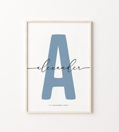 a blue and white print with the letter a in cursive writing on it