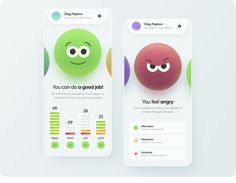 two mobile app screens with emoticions on them, one showing an angry face and the other saying you can do a good job