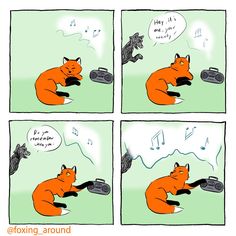 a comic strip with an image of a fox playing video games and another cat sitting on the floor