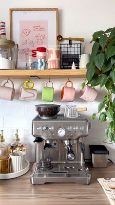 a coffee maker sitting on top of a wooden counter next to a potted plant