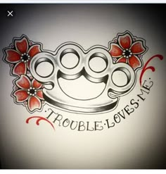 the logo for trouble loves us is shown in red and black ink on white paper