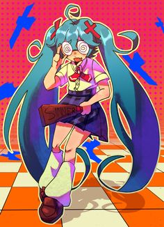 an anime character is standing on a checkered floor with her hands in her ears