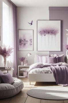 a bedroom decorated in lavender and white with pictures on the wall above the bed,