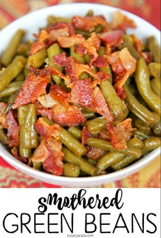 green beans with bacon in a white bowl