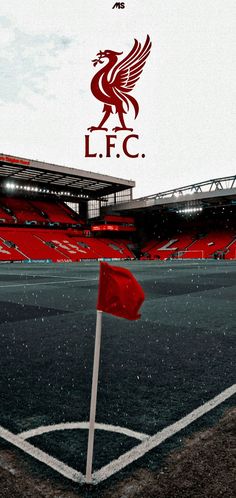 an image of a stadium with the liverpool logo on it and a red flag in the foreground