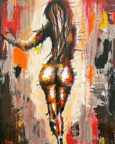 an abstract painting of a woman dancing in the rain with her arms outstretched and legs spread out