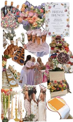 a collage of photos with flowers and desserts on them, including cakes, champagne flutes