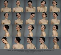 many different pictures of a woman's face and neck with various expressions on her body