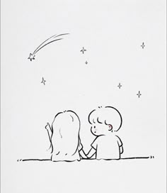 a drawing of two children sitting on the ground looking at stars in the sky above them