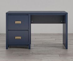 a blue desk with two drawers on it