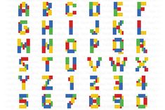 the letters and numbers made out of lego blocks are shown in different colors, shapes and sizes