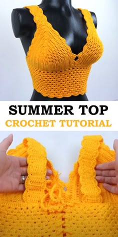 the crochet top is made with yellow yarn