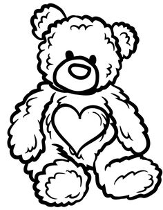 a black and white teddy bear with a heart on it's chest coloring page