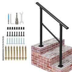 a set of stairs with various tools and hardware on top of it next to a brick wall