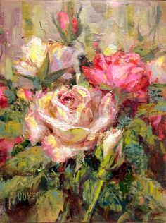 an oil painting of pink and white roses