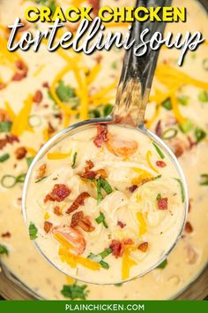 a spoon full of tortellini soup with bacon and cheese on top, in a bowl