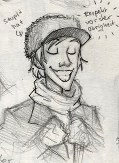 a drawing of a person wearing a hat and scarf with words written on the background