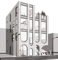 an architectural drawing of a building with windows and balconies on the top floor