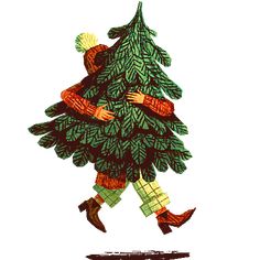 a drawing of a person carrying a christmas tree