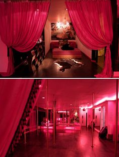 two pictures of the inside of a room with pink lighting and curtains on either side