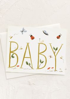 A greeting card with small cute bug print reading BABY in large text. New Baby Watercolor Card, Watercolour Baby Card, Baby Shower Watercolor Card, Watercolour Crafts, Baby Watercolor Card, Watercolor Baby Cards, New Baby Cards Handmade, Baby Shower Painting, Baby Shower Cards Diy