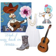 a woman's outfit with boots, cowboy hat, and guitar is featured in this image