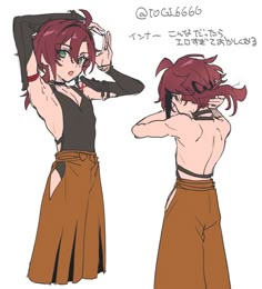 an anime character with red hair and green eyes, wearing brown pants while holding his head up