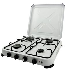 a white gas stove with two burners and an open lid on the top, in front of a white background