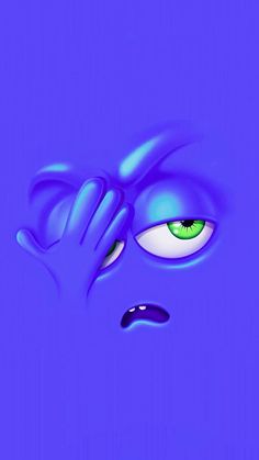 an evil looking blue monster with green eyes and hands on it's face, in front of a purple background