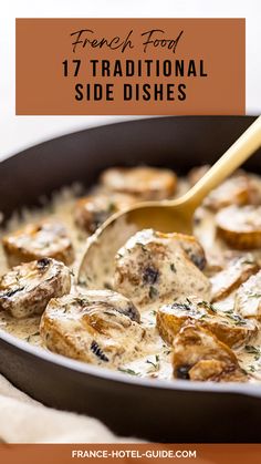 a skillet filled with mushrooms and cheese