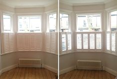 two pictures of the same room with white shutters and wood flooring, one is empty