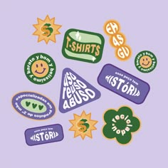 some stickers that are on top of a purple board with green and yellow stars