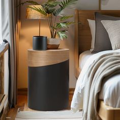 a bed room with a neatly made bed and a plant