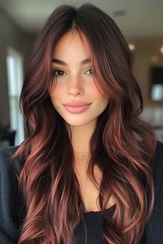 Balayage Inspiration: 16 Color Ideas for Brunette Hair Hair Colour For Long Straight Hair, Hair Inspo Color 2024, Dark Brown To Red Hair Before And After, Easy Maintenance Hair Color Brunette, Brunette Balayage Hair Bangs, Brunettes With Blonde Highlights, Striking Hair Color, Mocha Balayage, Dark Balayage