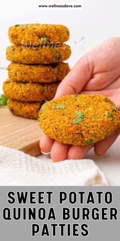 sweet potato quinoa burger patties on a wooden board with text overlay