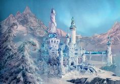 an image of a castle in the snow with aurora lights above it and mountains behind