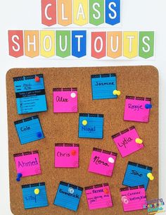 a bulletin board with colorful sticky notes on it and the words class shut outs written in large letters