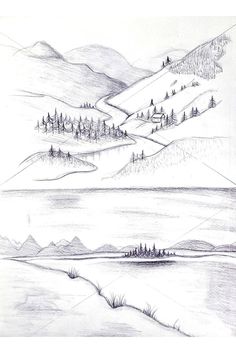 a pencil drawing of a landscape with mountains and trees in the distance, on a white paper