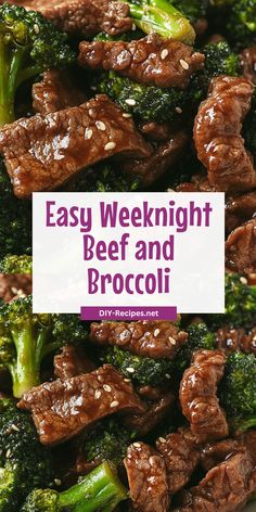 beef and broccoli with sesame seeds in a white bowl text overlay says easy weeknight beef and broccoli